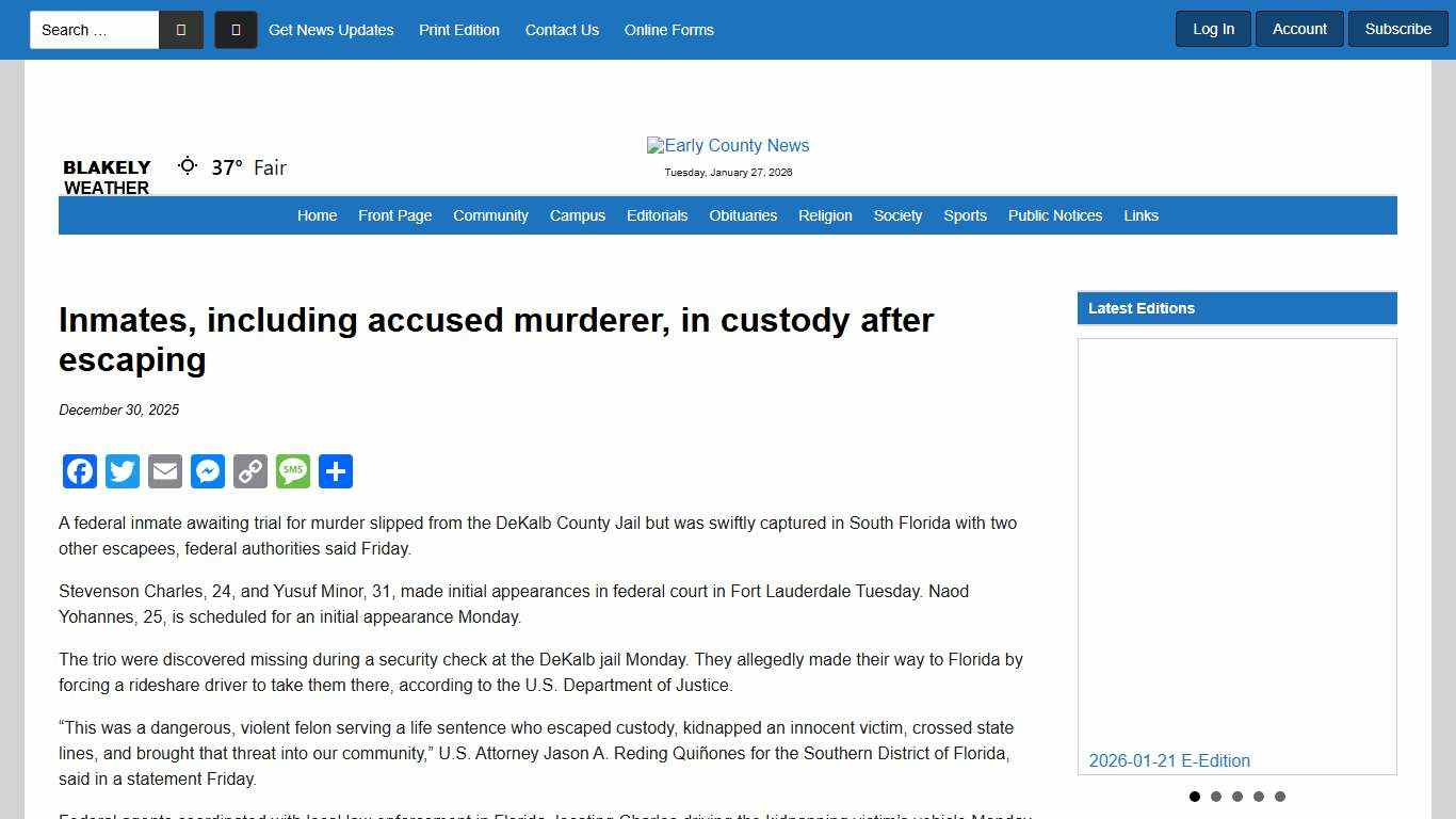 Inmates, including accused murderer, in custody after escaping - Early County News