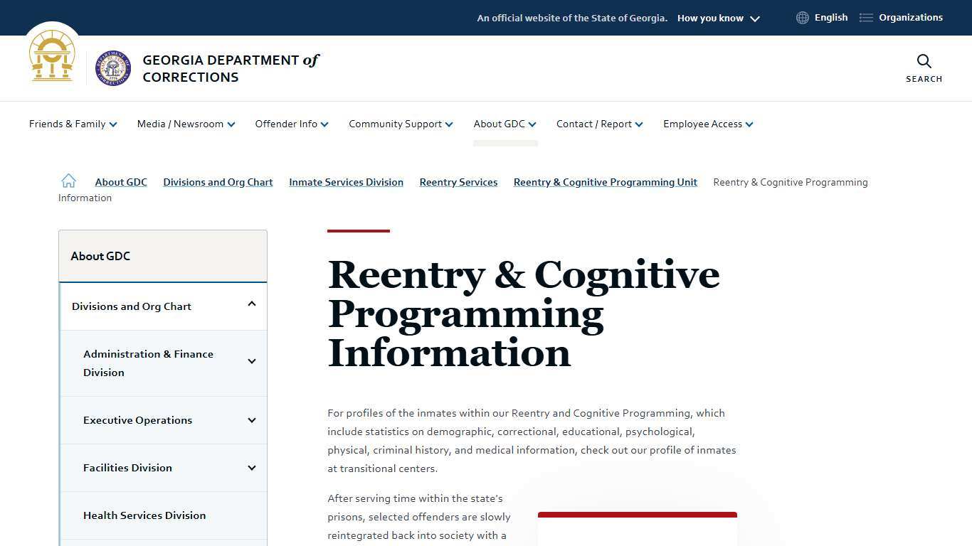 Reentry & Cognitive Programming Information Georgia Department of Corrections